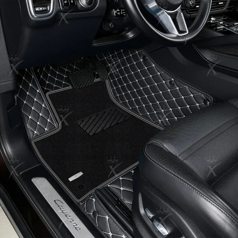 Luxus Car Mats Double Layer Series floor mats with black and white diamond stitching and black top carpet