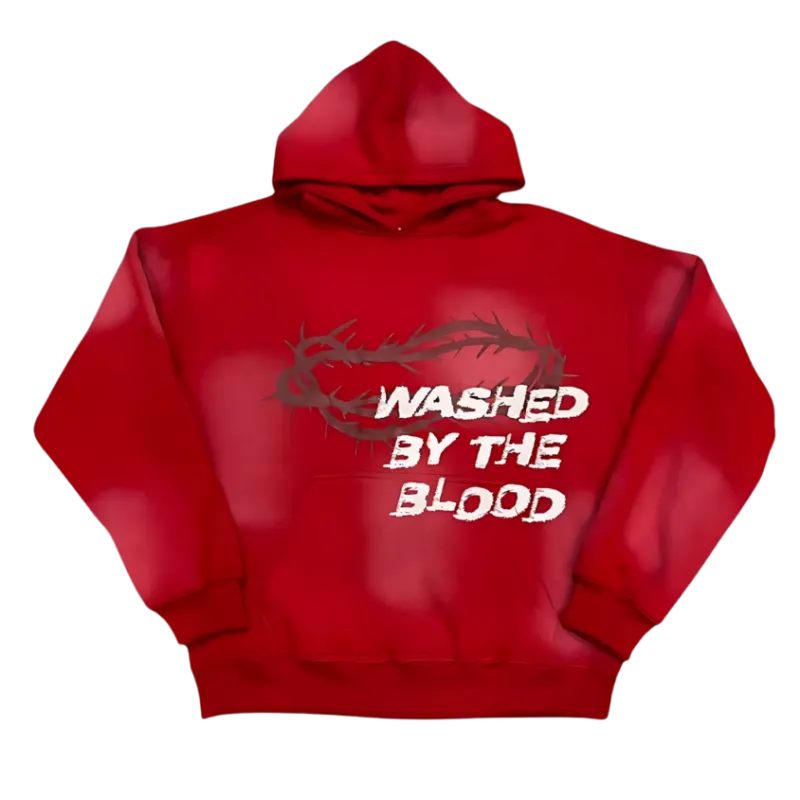 We The Believers Washed In The Blood Hoodie in acid washed red with crown of thorns graphic