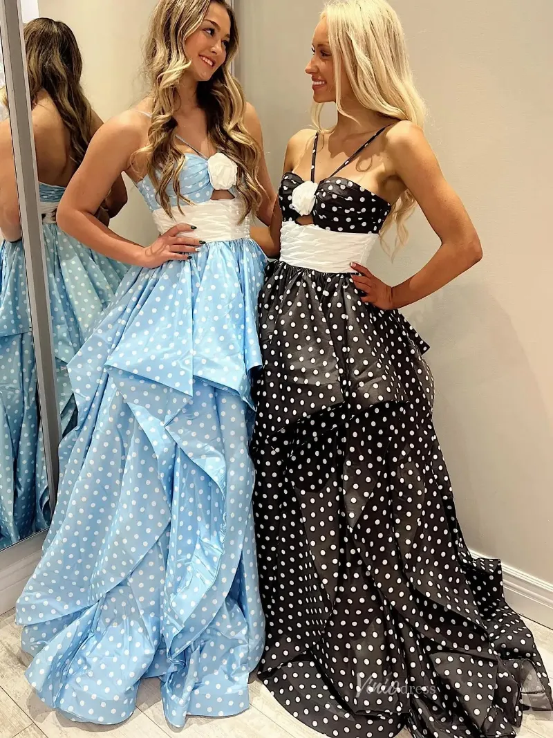 Selinadress A Line Black Polk Dot Long Prom Dresses Evening Dresses in black satin