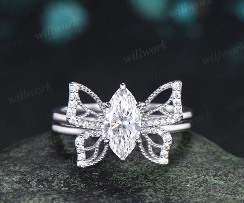 WillWork Jewelry 1ct marquise cut lab diamond butterfly engagement ring set, 14k white gold cluster design