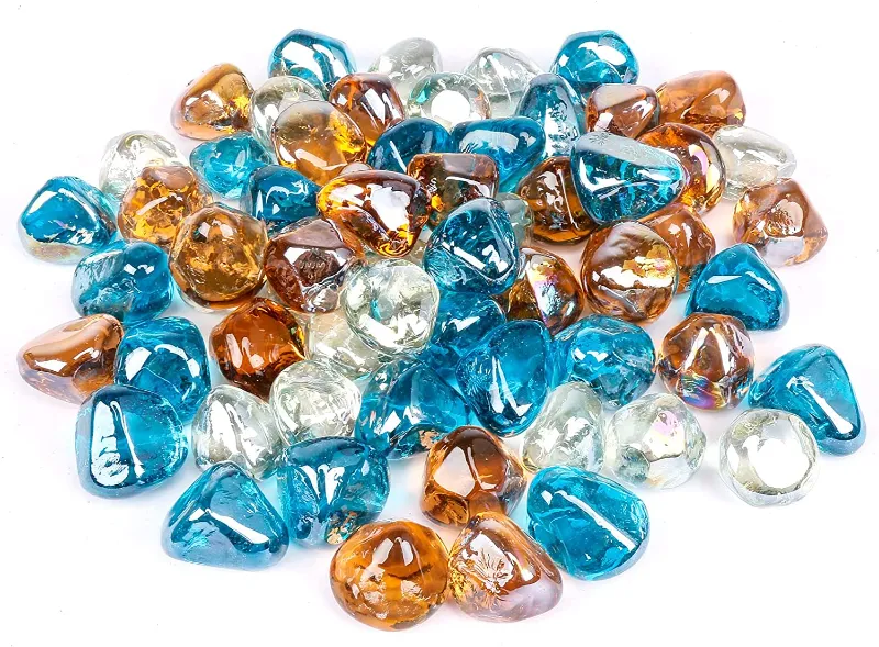 GrillPartsReplacement 1 inch high luster reflective tempered white blue amber fire glass diamonds for fire pit