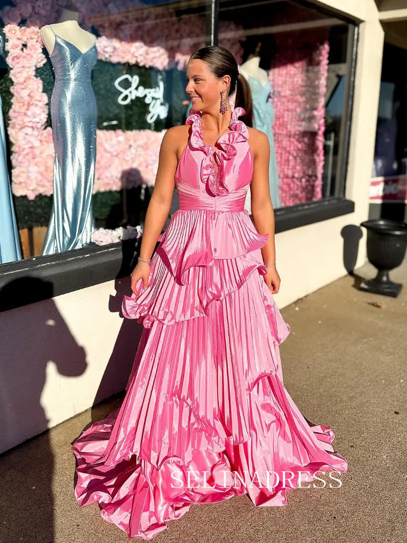 Selinadress A-line Halter Pink Ruffles Long Prom Dress Layered Evening Dress ABB244 in taffeta