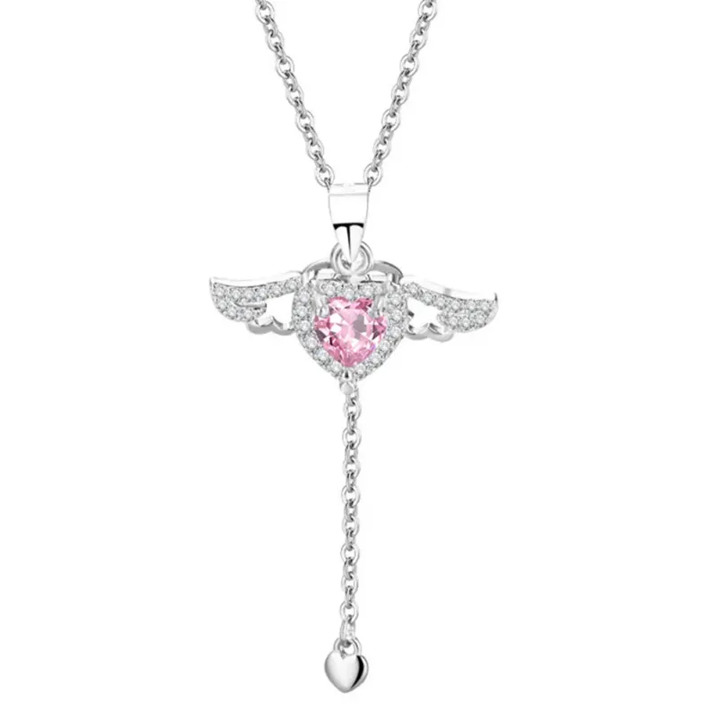 Shoptery Jirai Kei Crystal Angel Wing Heart Pendant Necklace Silver with zircon stone