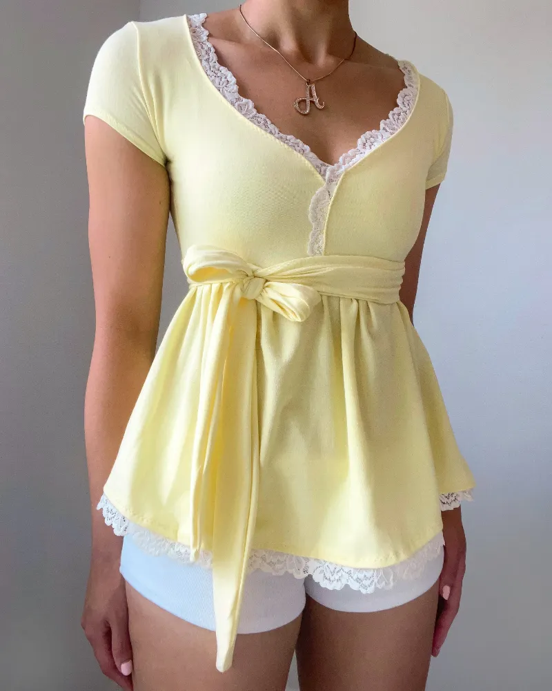 Bit By Angie Hattie babydoll short sleeve in light yellow - handmade cotton babydoll top with sweetheart neckline