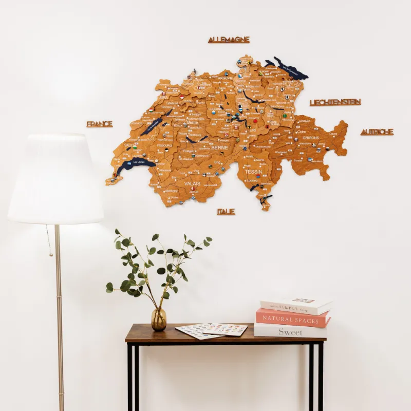 Enjoy The Wood 3D Wooden Map of Switzerland Oak showing natural oak layers and cantons
