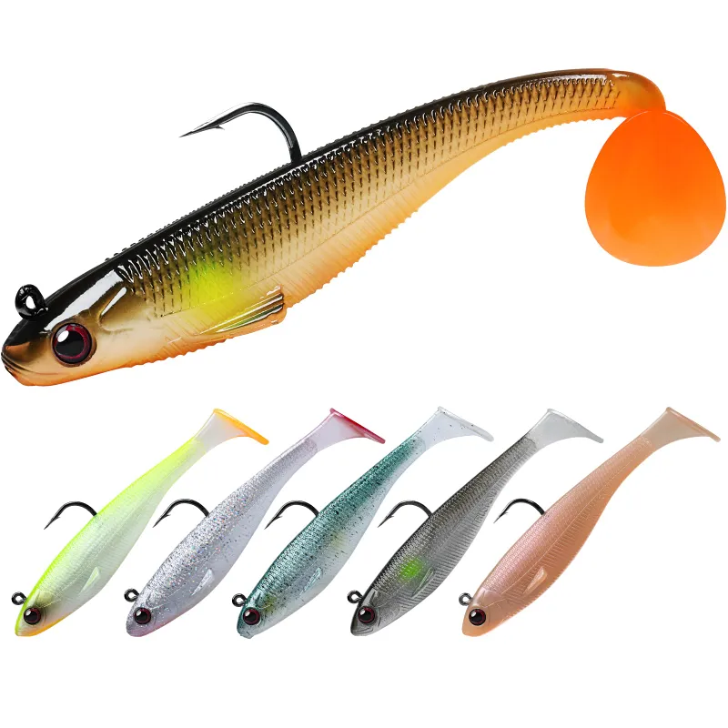 Truscend Fishing Easy Catch Pre-Rigged Soft Lures showing soft plastic swimbaits with hooks