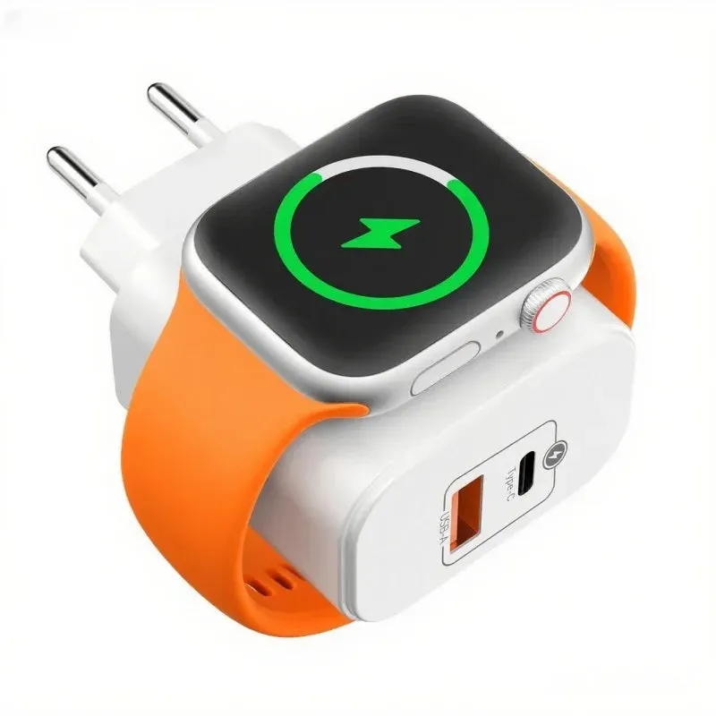Kicklo 3-in-1 Wireless Charging Adapter plugged into wall outlet with smartphone charging