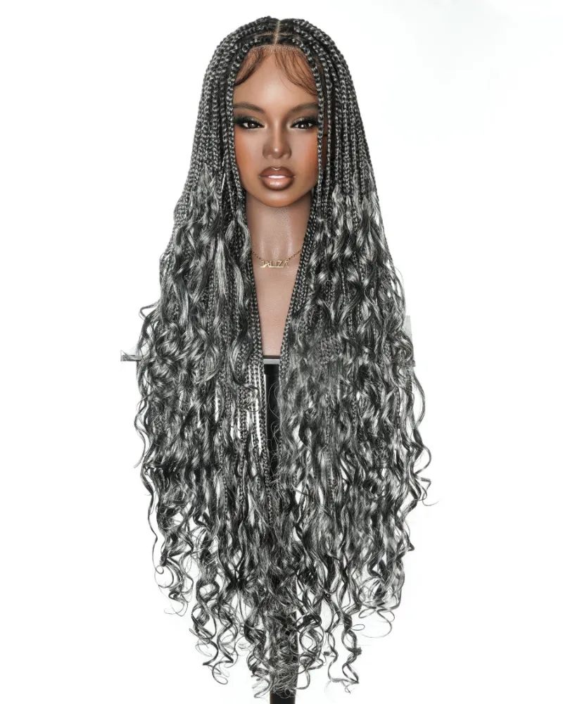 Jaliza 36 inch Salt & Pepper Blend Human Hair French Curls Knotless Box Braided Wig shown on model