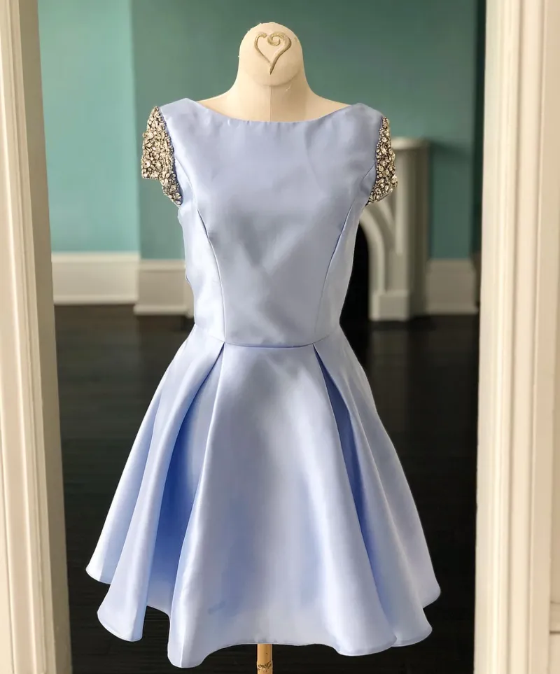 Selinadress A-line Bateau Homecoming Dresses Beaded Cocktail Dress Short Sleeve Pageant Dresses, satin dress with beading