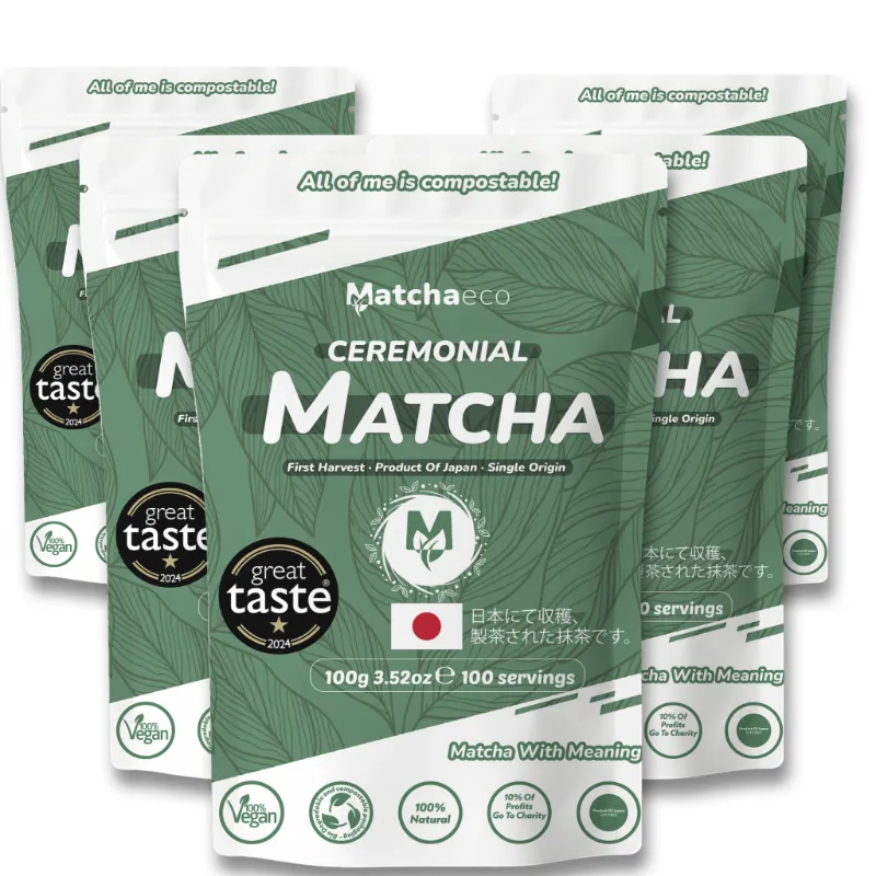 Matchaeco Catering Pack of Japanese ceremonial matcha in compostable pouches, 500g bulk supply