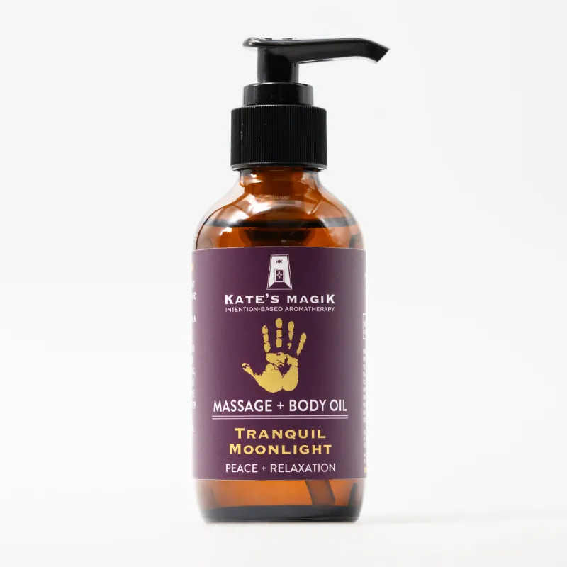 Kates Magik Tranquil Moonlight massage and body oil bottle with lavender and sandalwood blend