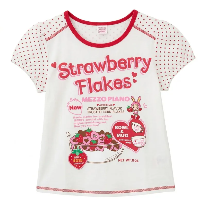 Shoptery Decora Mezzo Piano Strawberry Flakes Cereal Graphic Tee, a white tee with strawberry and polka dot print