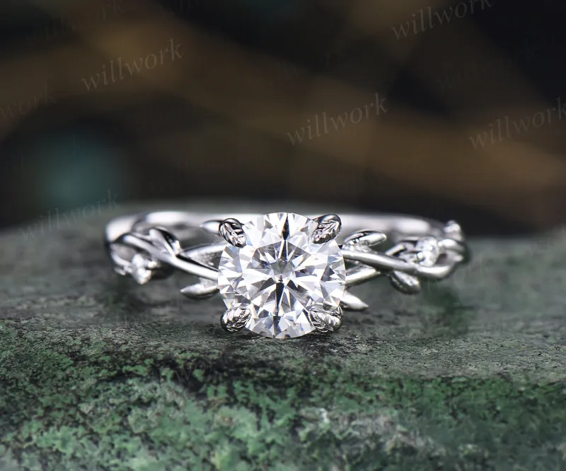 WillWork Jewelry 1ct Round brillant cut IGI lab-grown diamond engagement ring nature inspired leaf twig diamond ring infinity wedding band