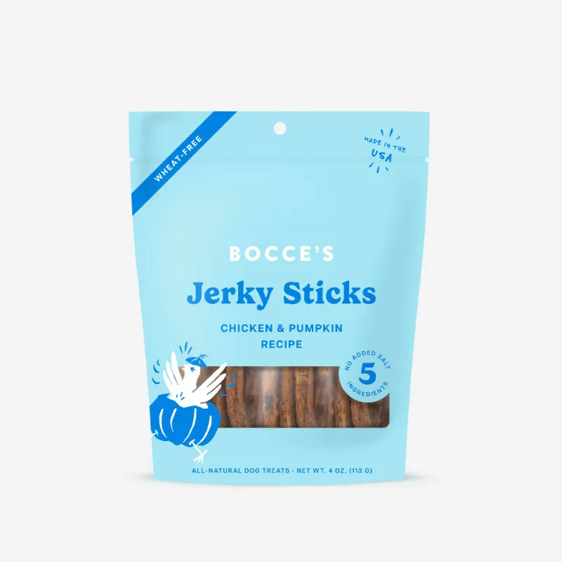 Found My Animal Bocce's Bakery Grazers Chicken Jerky Dog Treat sticks on wooden surface