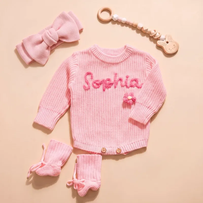 Mamaraya Personalized Knit Baby Headband Sweater Socks Set with bow detail and custom name