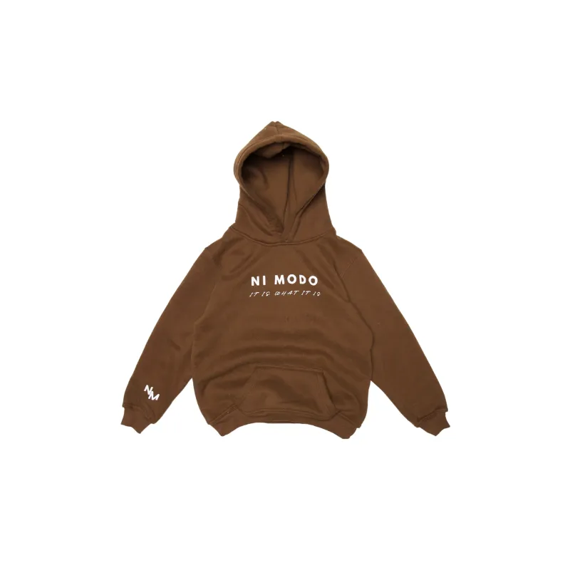 Nimodo Mini It Is What It Is Mocha Brown Hoodie in soft cotton blend with front text print