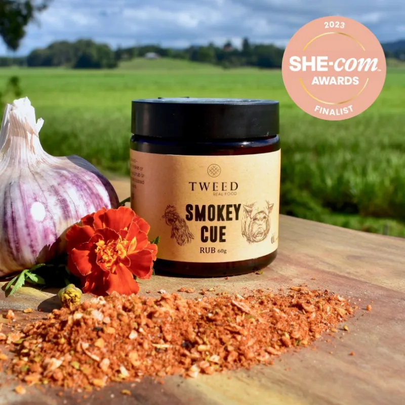 Tweed Real Food Smokey Cue Rub jar with barbecue seasoning blend