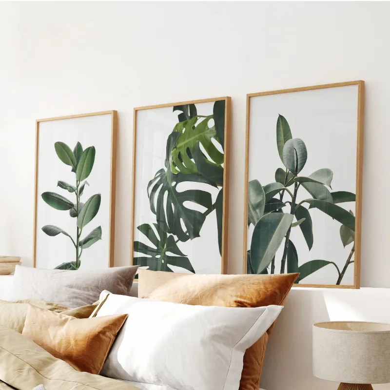 Wall Art Set Botanical Set of 3 Prints showing tropical monstera and rubber plant leaves