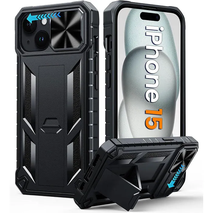 FNTCASE OFFICIAL iPhone 15 phone case with slidable camera lens cover and kickstand in protective armor design