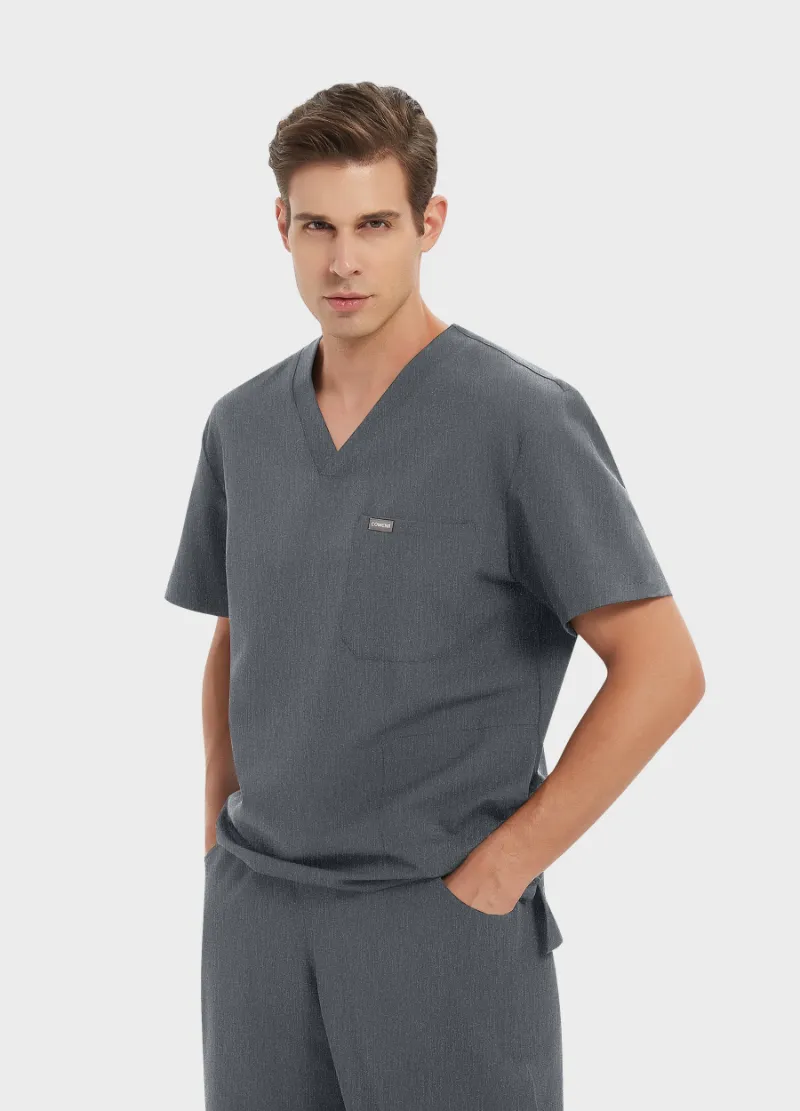 COMENII ProEase™ Essential Scrub Top Graphite, front view showing V-neck and chest pocket