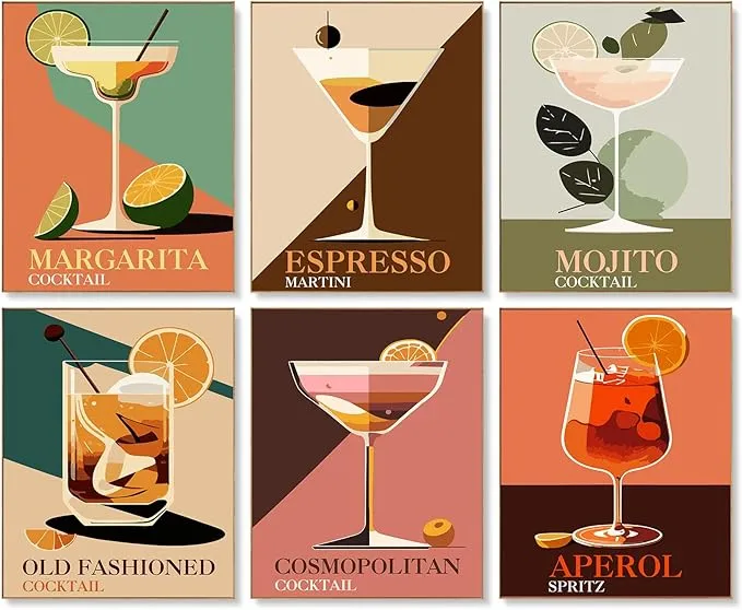 Maikoo Art 6 Mini PBN Cocktail Series Framed #3 showing six small framed cocktail paint by numbers canvases