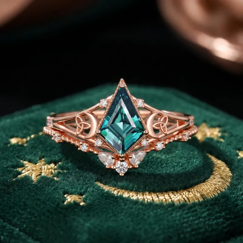 Starlandus Celestial Moon Kite Cut Lab Teal Sapphire Celtic Moon Engagement Ring Set with Split Band