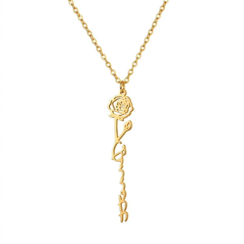 FabuLove Custom Birth Flower Name Necklace with personalized engraving