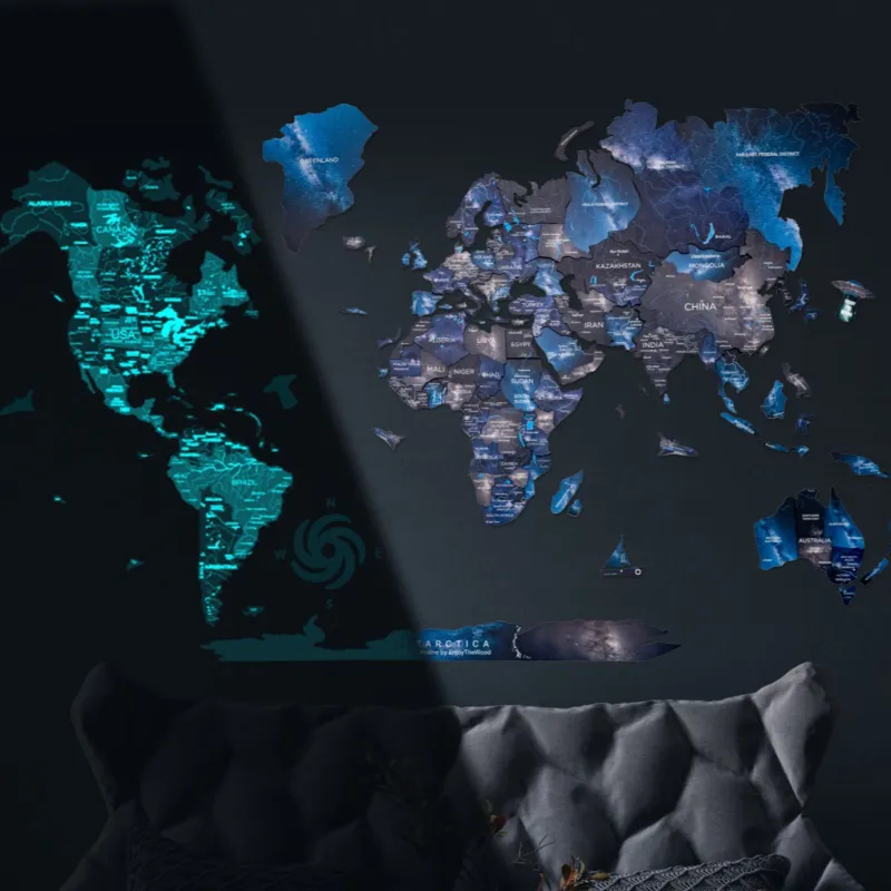 Enjoy The Wood 3D Luminous Colored Wooden World Map Space glowing wall art decor
