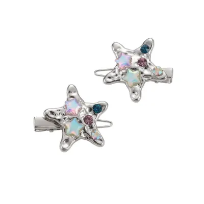 Shoptery Decora Iridescent Crystal Star Hair Clip Set Silver, iridescent crystal star clips catching the light