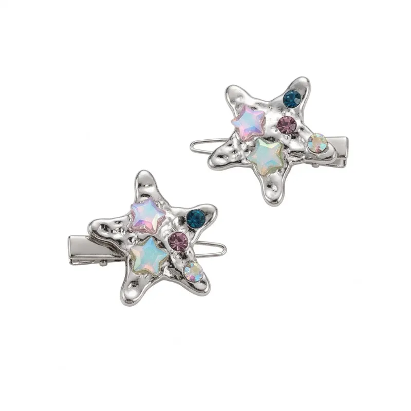 Shoptery Decora Iridescent Crystal Star Hair Clip Set Silver, iridescent crystal star clips catching the light