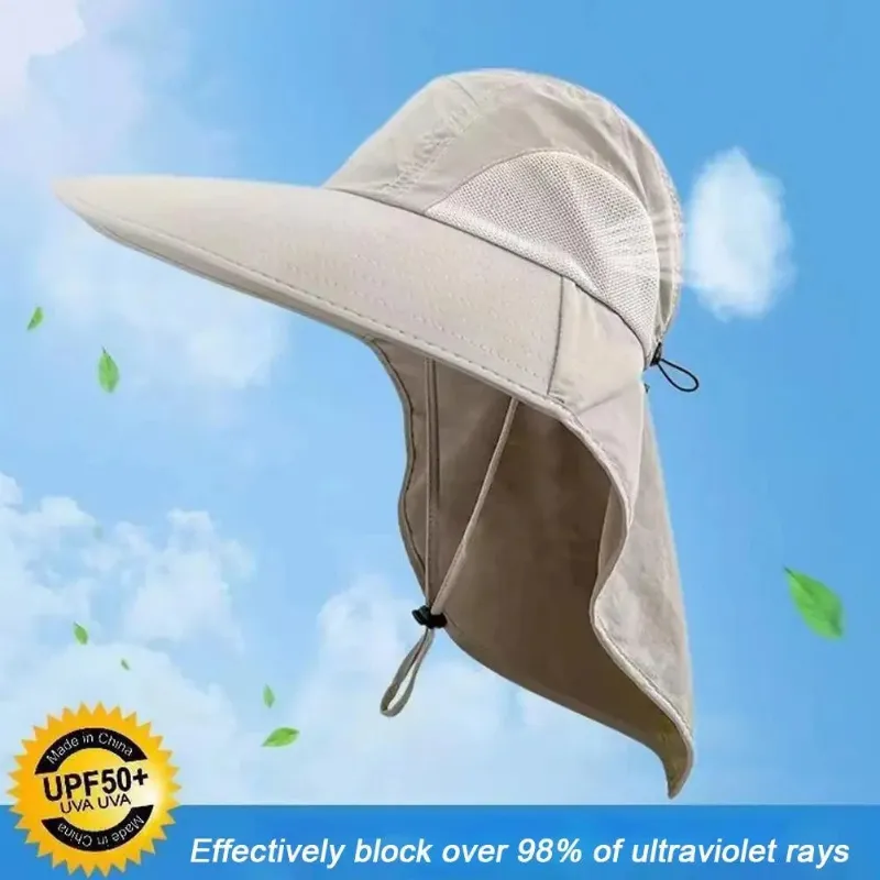 PUPU Sports Wide Brim Sun Hat with Neck Flap UV Protection Fishing Hiking Hat side view