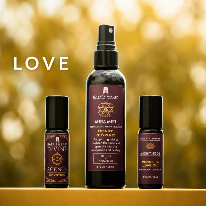 Kates Magik Love Divine Scents Perfume Set with three bottles and intention card for heart-centered rituals