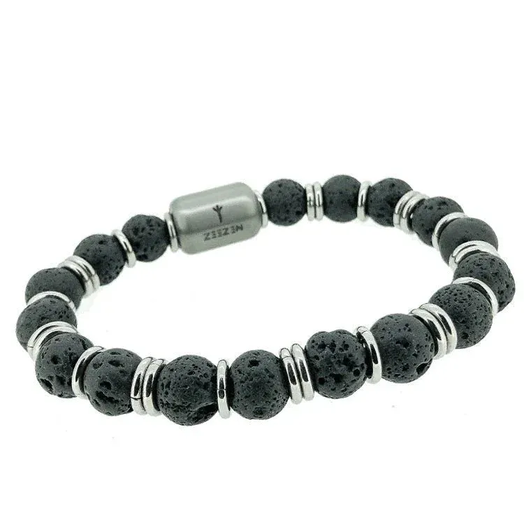 Nammi 10mm Lava Bead Bracelet with Magnetic Lock showing polished black lava beads with titanium links
