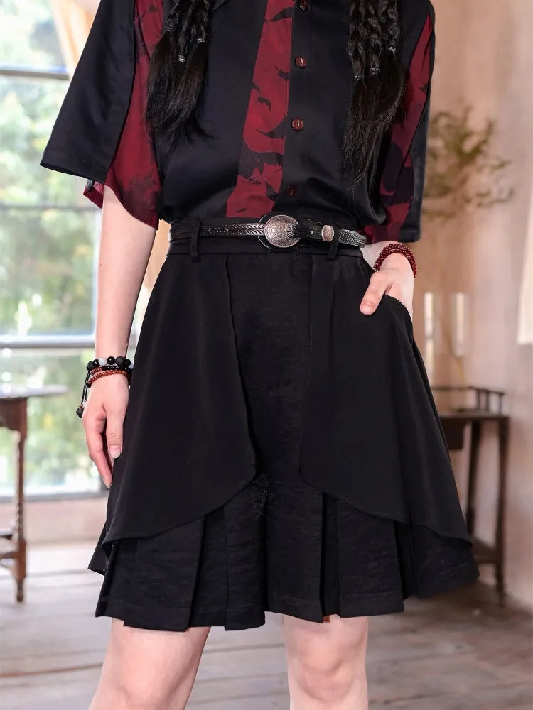 Juwas Black Loose-Fit Double-Layer Short Skirt highlighting the clean hemline and adjustable waistband.