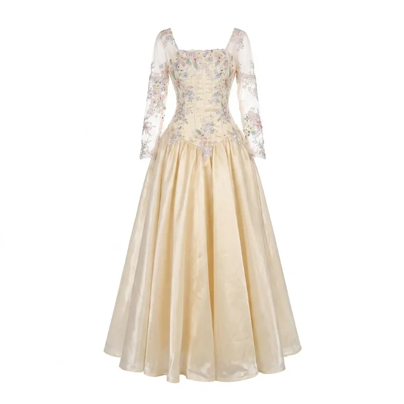 Cottagecore Clothes Ethereal Corset Dress in champagne satin with sheer embroidered sleeves