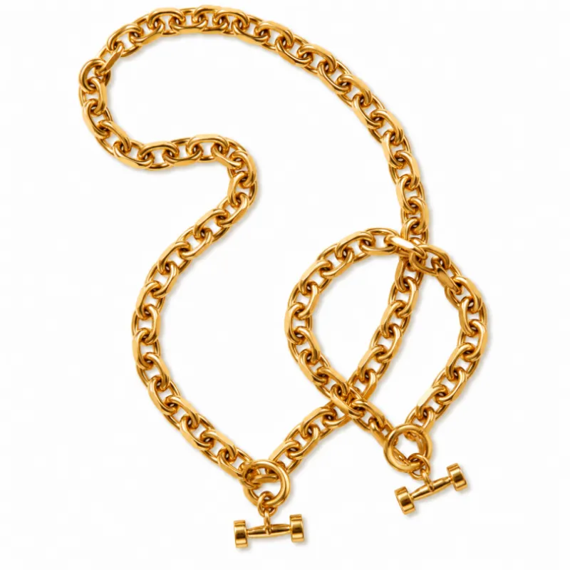 Sleek Fit Jewelry Cable Set - Gold, matching gold cable link necklace and bracelet with dumbbell pendants