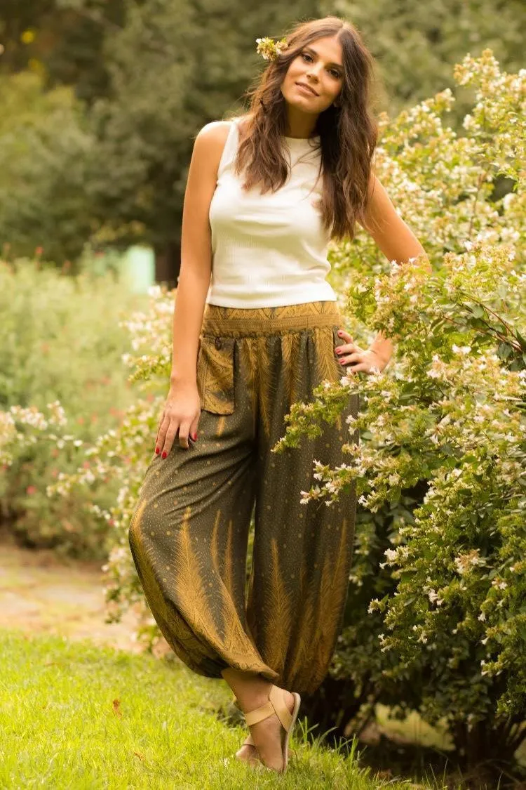 Hippie Pants Olive Green Feather Pants, peacock feather print