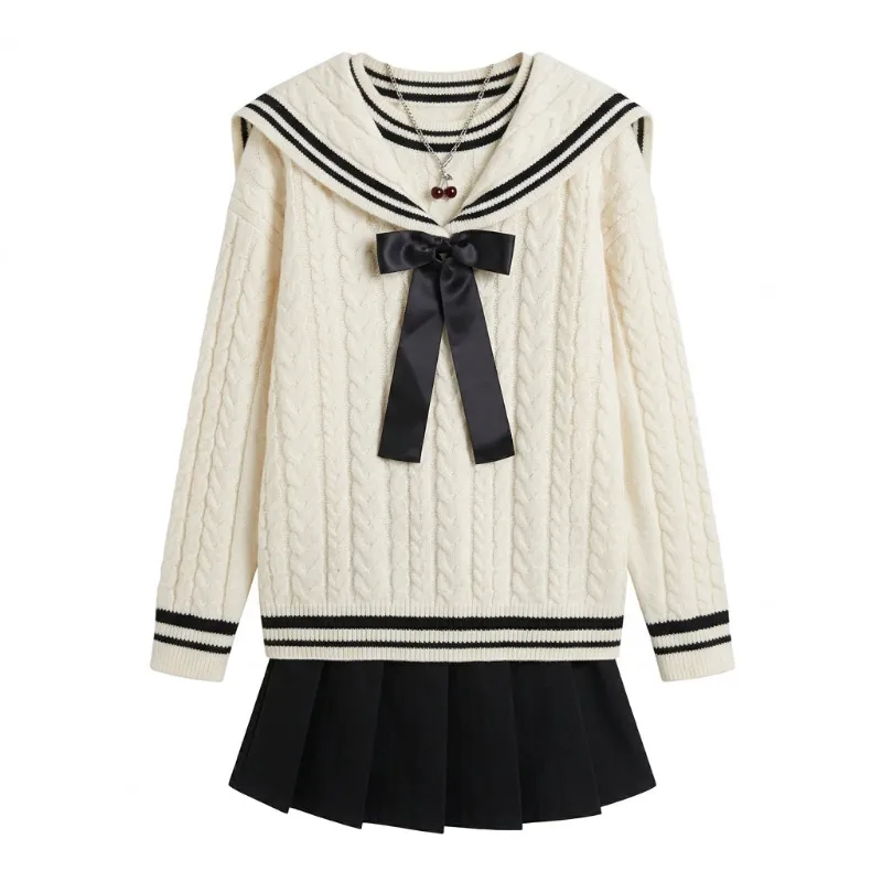 Shoptery Jirai Kei Sailor Collar Cable Knit Sweater & Pleated Skirt Set, two-piece knit sweater and skirt set with sailor collar