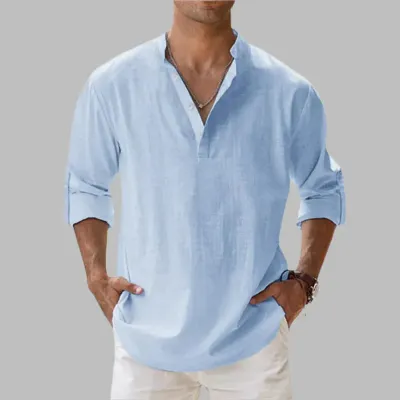 Falour Men's Relaxed Linen Cotton Summer Shirt with button-down front and spread collar