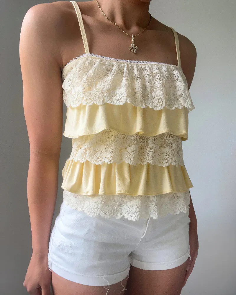 Bit By Angie Darcia lace ruffle cami in butter yellow with bamboo ruffles