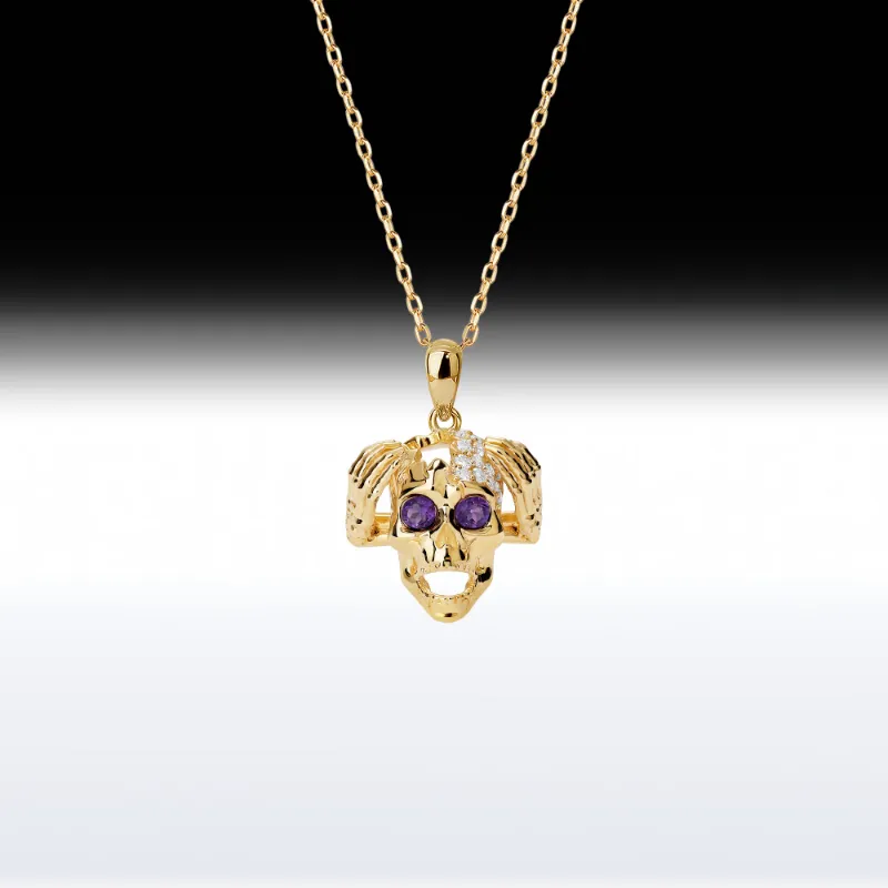 Starlandus Mind Blown Skull memento mori birthstone necklace with winking skull pendant