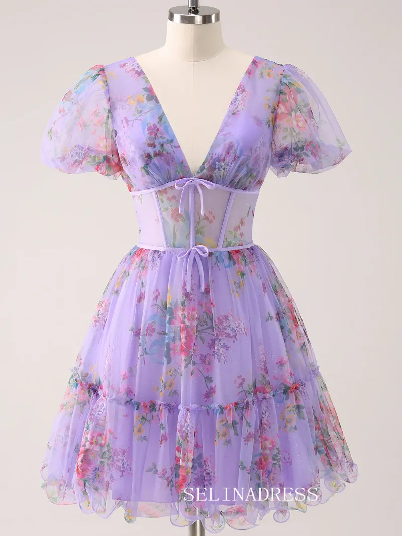 Selinadress A-line Lilac V neck Homecoming Dresses Floral Hoco Dress Cocktail Dress formal dress