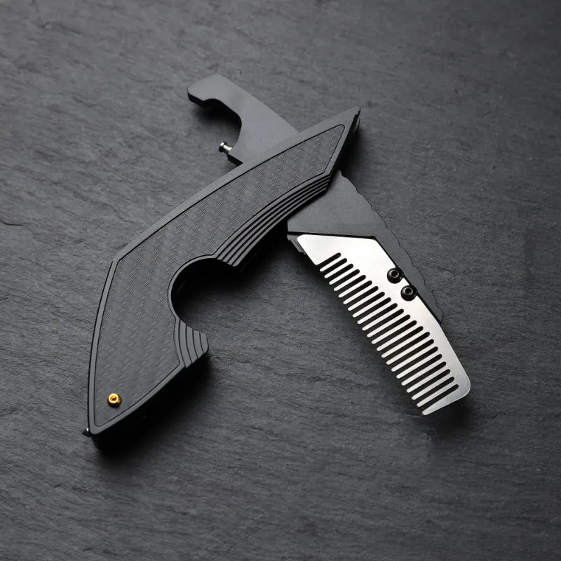 The Stinger Tools Stinger Topographic Comb in matte black aluminum, folded and open