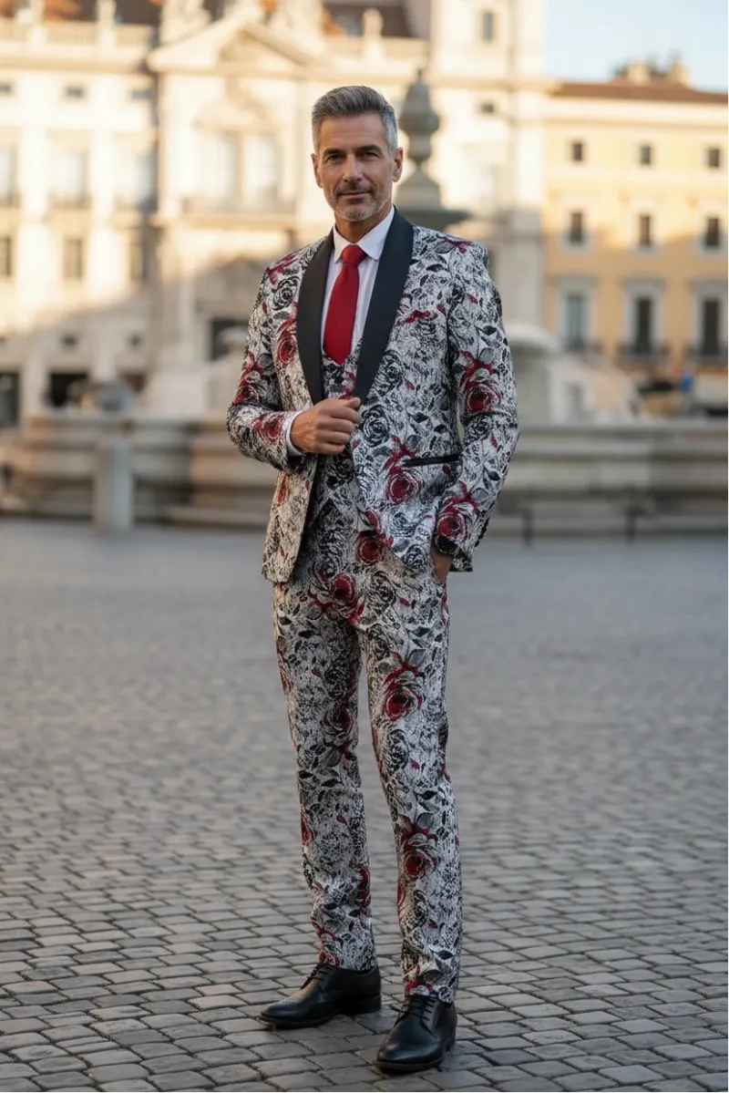 Wehilion Men's Baroque Blossom 3 Piece Suit, floral printed slim fit jacket, vest and trousers