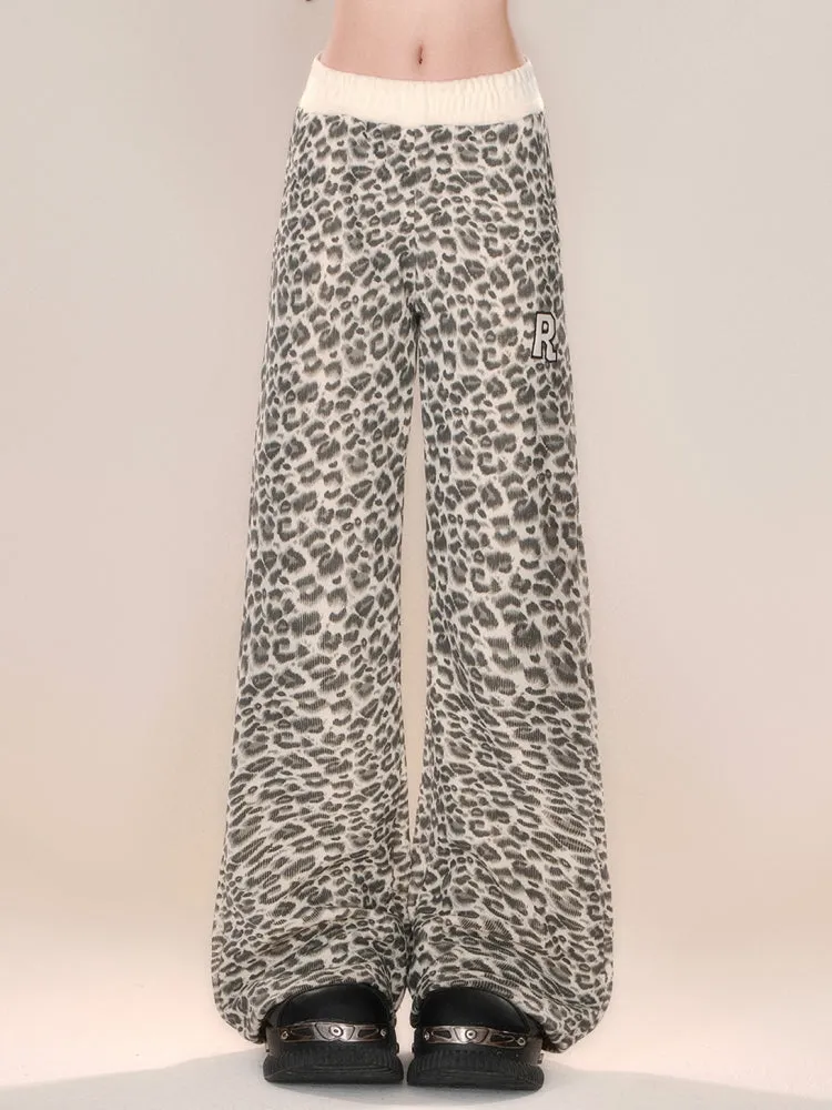 Juwas American-Style Leopard Print Fall Winter Casual Pants displayed on hanger.