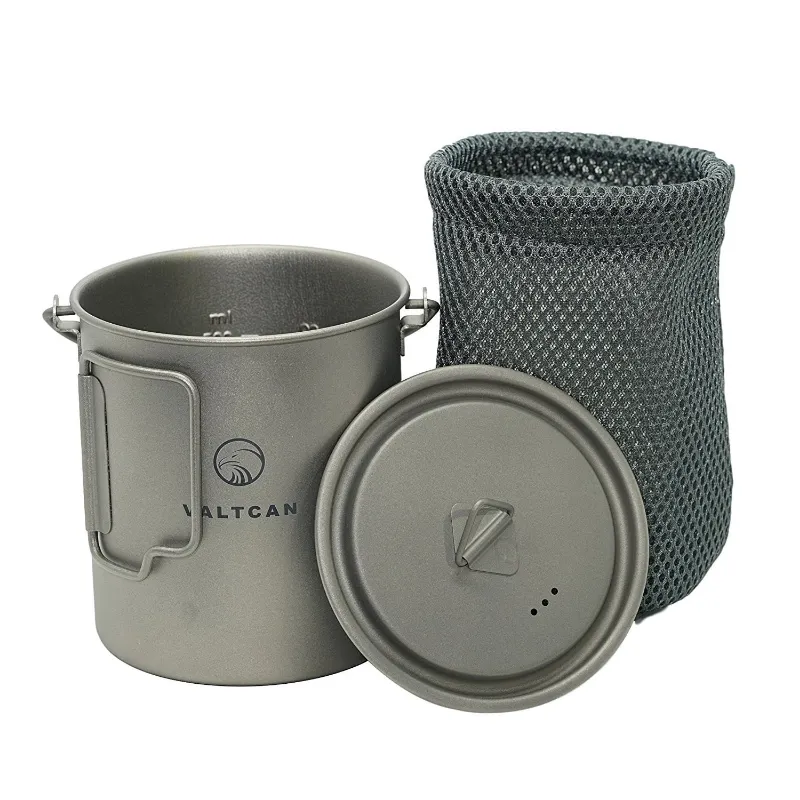 Valtcan Titanium Camp Pot 750ml with removable bail handle and folding side handles