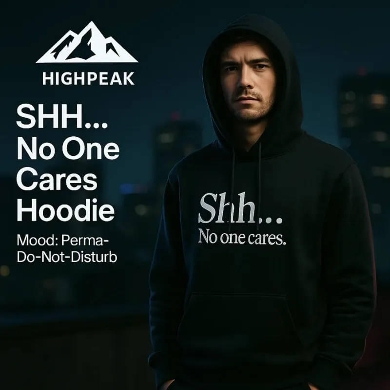 HighPeak "SHH... No One Cares" Hoodie photo showing the oversized fleece hoodie with bold print