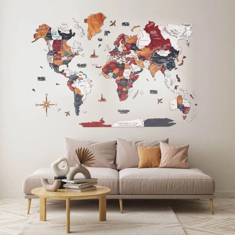 Enjoy The Wood 3D Wooden World Map Onyx displaying layered continents in warm beige and sand tones