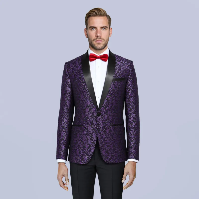 Cloudstyle C4D0091 Floral Jacquard Dress Suit Blazer in purple with shawl collar