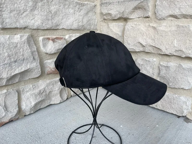 Embellished Microsuede Black Cap with faux suede exterior and purple satin lining